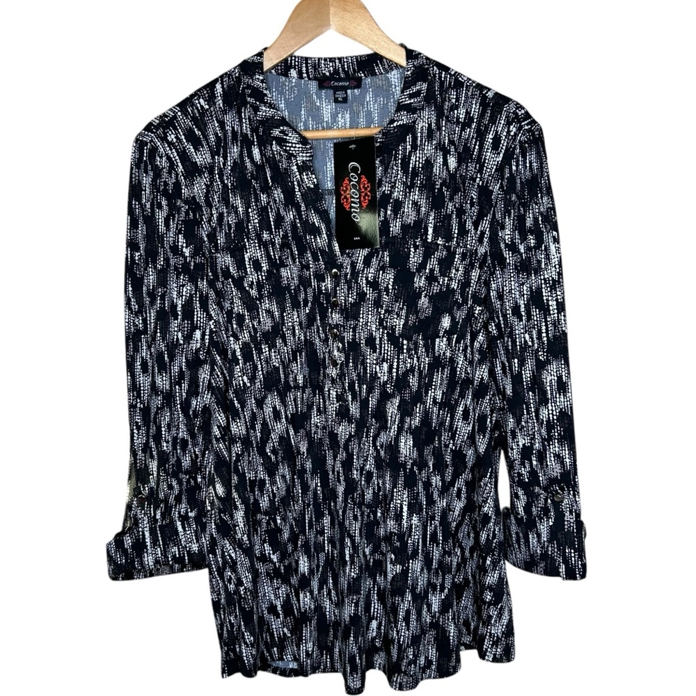 🩷NWT Cocomo Women Top XL Black White Henley V-Neck  3/4 Roll Tab Sleeve Slinky